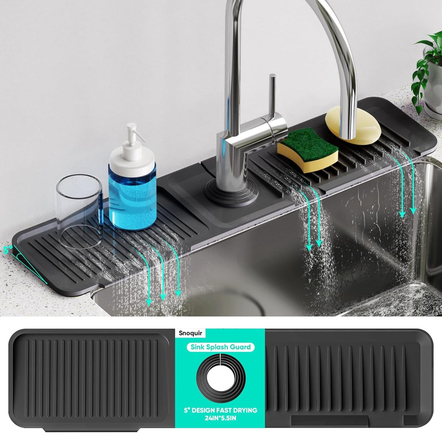 24 Inch Longer Faucet Mat for Kitchen Sink [5° Slope Fast Self-draining]Bathroom Kitchen Sink Splash Guard Silicone Sinks Faucet Mat Splash Guard for Kitchens Sinks Area Tidy Splashs Draining Mats