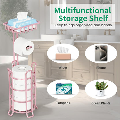 TomCare Toilet Paper Holder Free Standing with Shelf, Stable 4 Raised Feet | Stores 4 Mega Rolls, Tool-Free Assembly, Powder-Coated Metal Frame, Bathroom Storage Organizer for Spare Rolls, Silver