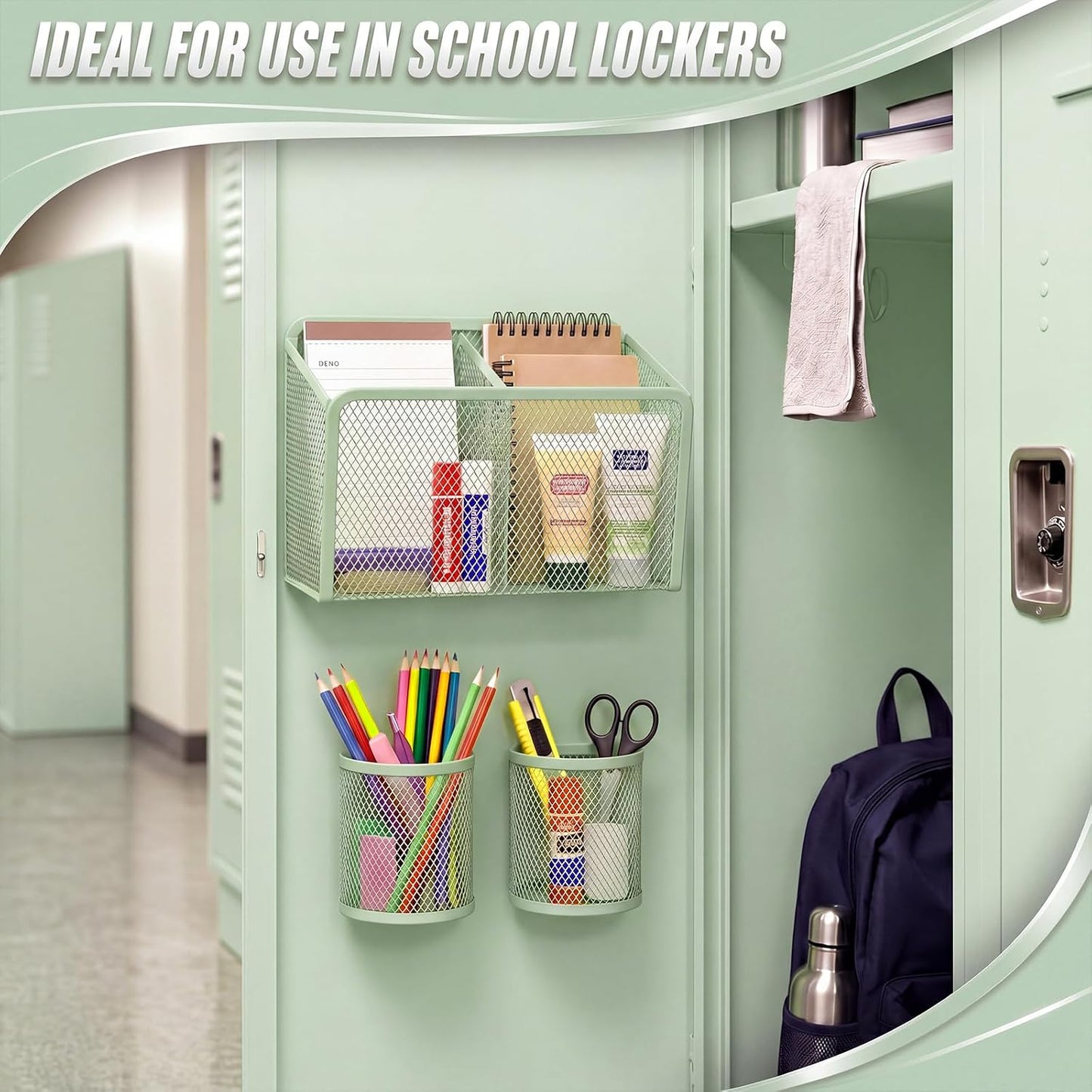 3 Pcs Magnetic Locker Accessories Mesh Metal Pen Holder,Sage Green | Strong Magnets Magnetic Pencil Holder, Mesh Metal Marker Storage Basket Organizer, for Locker Whiteboard Fridge School Office