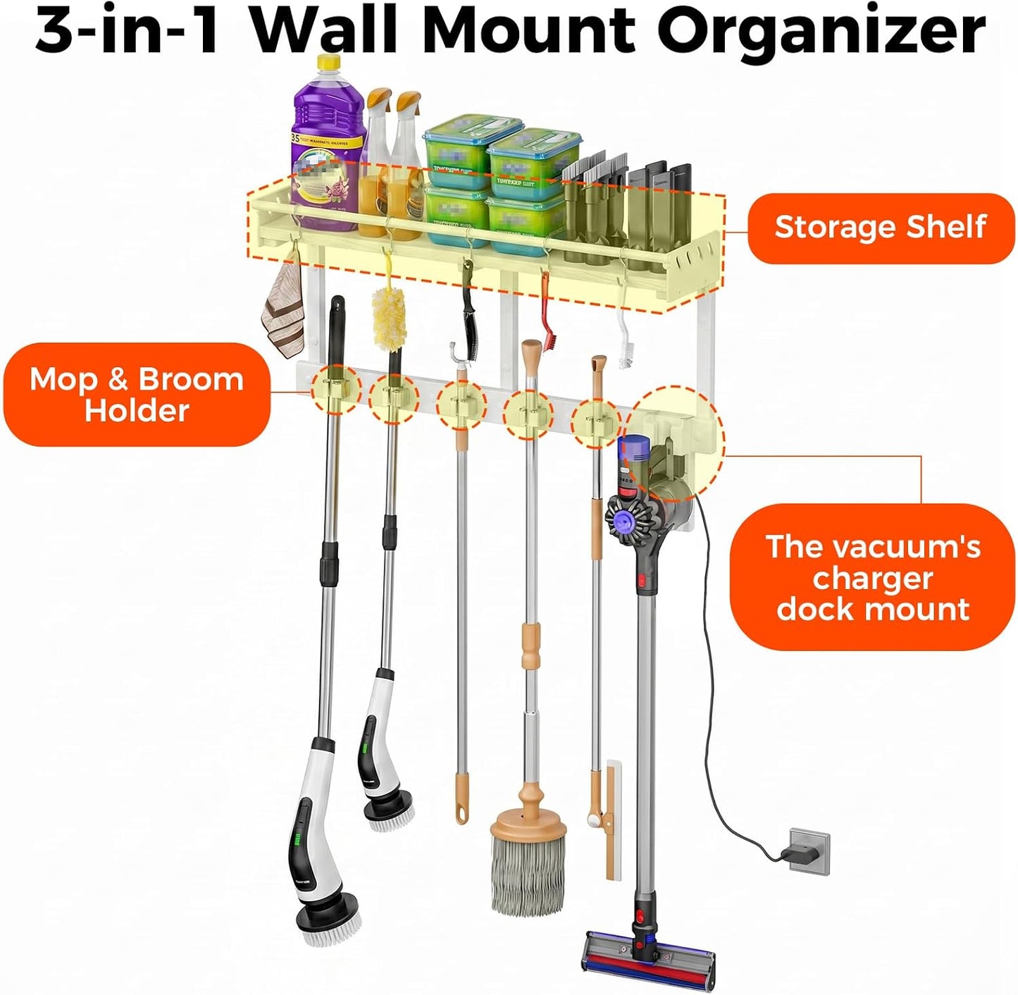 Broom Holder Wall Mount with Shelf, Black, L | 3 in 1 Broom and Mop Organizer, Wall Hanging, For Laundry, Garage, Utility, Vacuum Stand Alternative