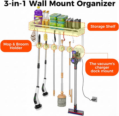 Broom Holder Wall Mount with Shelf, Black, L | 3 in 1 Broom and Mop Organizer, Wall Hanging, For Laundry, Garage, Utility, Vacuum Stand Alternative
