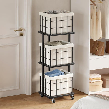 120L Vertical Laundry Sorter,3 Tier Metal Rolling Laundry Basket | Slim Tall Laundry Hamper 3 Section with wheels and 3 Removable Bags for Small Spaces, Dorm, Bathroom, Laundry Room, White