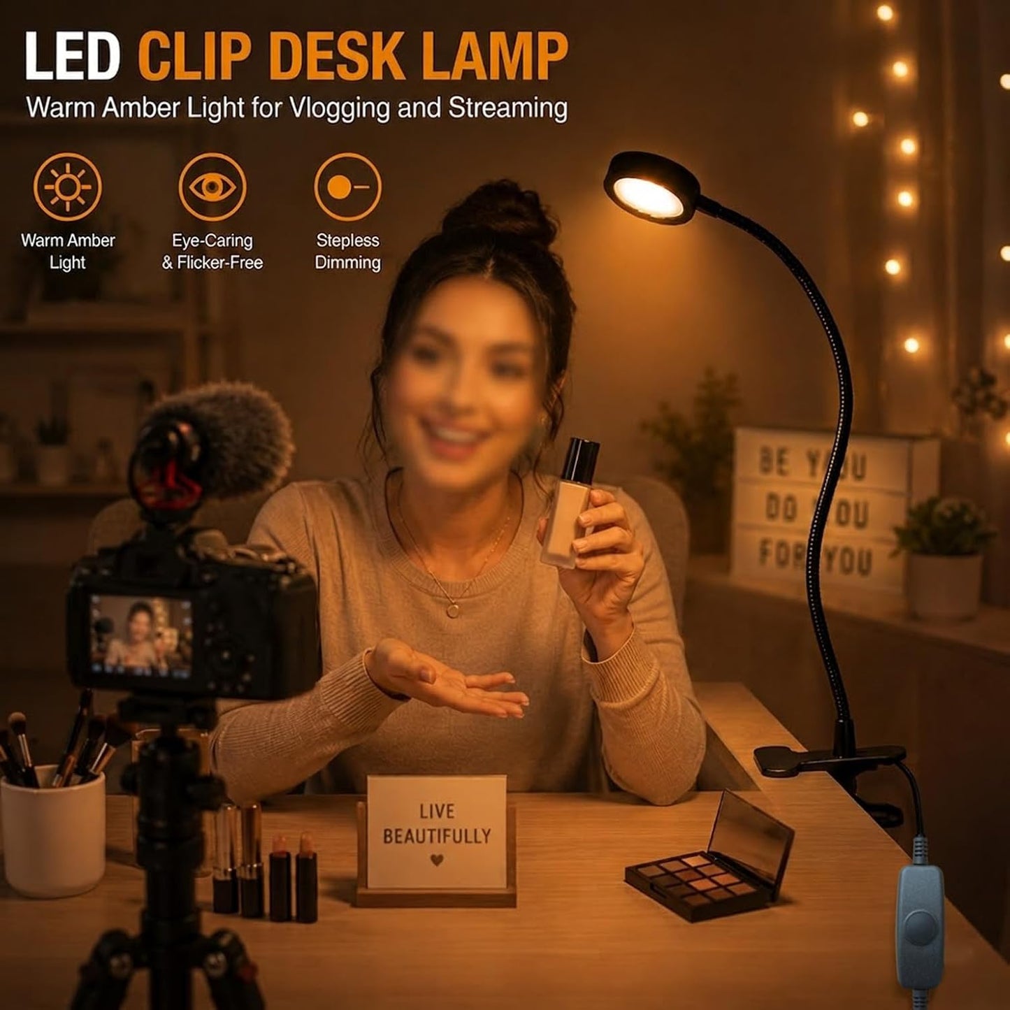 USB Clip-On Lamp, Eye Caring Dimmable Reading Light (Warm+Cool White, 8W) | Dimmable, Inline Switch, 1M Timer, USB 5V Port, 3000K+6000K, 81inch Long Cable, Flexible Gooseneck, Metal Head and Clip