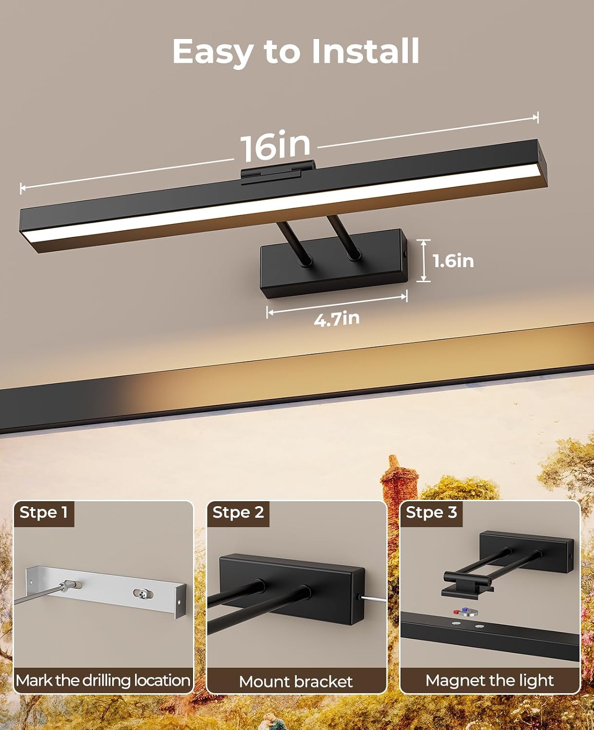 Picture Light for Wall, 16in Battery Wall Sconce Art Light CCT Dimmable Magnetic Battery Lights for Painting with Remote Control for Gallery Artwork Living Room Portraits Hallway 2PCS Black