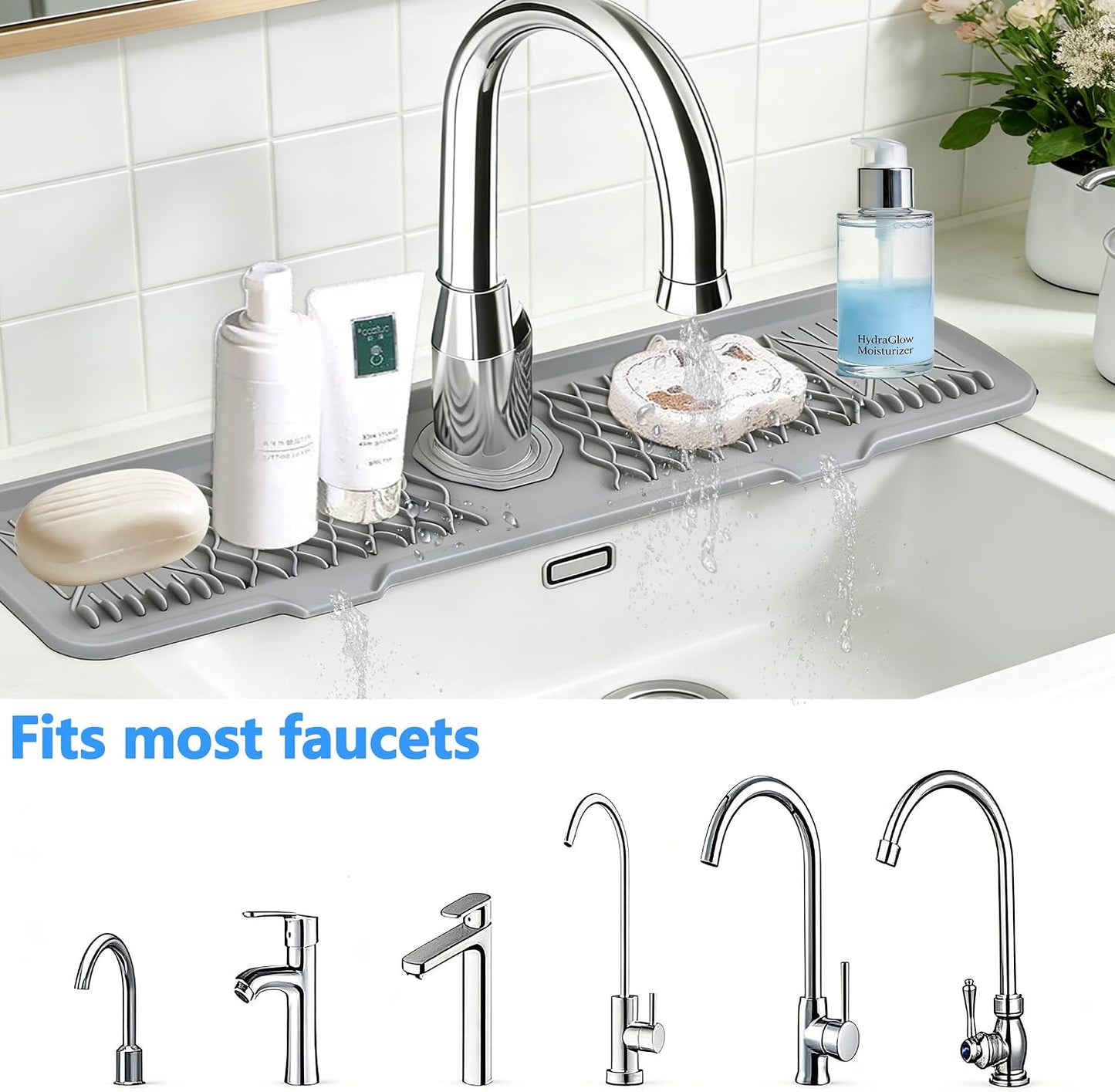 Kitchen Sink Splash Guard Gen2-30" x 6'' Silicone Sink Mat Splash Guard fit for Countertop, Bathroom,Farmhouse,RV by EBIGIC (Grey)