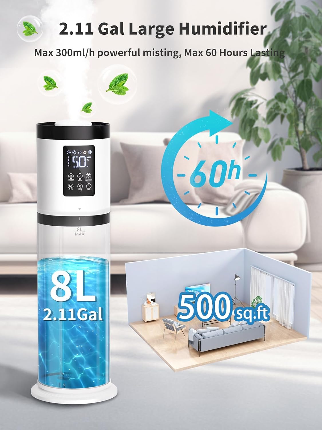 8L Humidifiers for Bedroom, 30dB Quiet, 500ft² Coverage, 60H Runtime, Top Fill, 3-in-1 Humidifier Large Room & Essential Oil Diffuser & Ambient Light, Sleep Mode, 16H Timer, Auto Shutoff Protection
