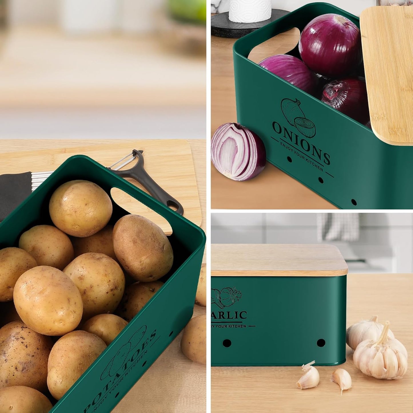 Kitchen Vegetable Storage Set of 3, Metal Onion Garlic Potato Storage Set, Kitchen Canisters Vegetable Keeper Containers with Aerating Holes and Bamboo Lid,Black