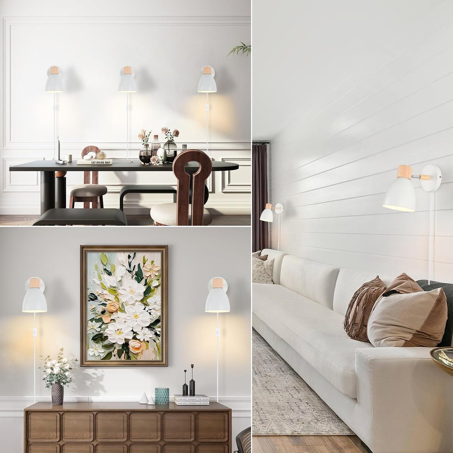 Wall Sconces Plug in, Swing Arm Wall Lamp with Power Cord, White Plug in Wall Lighting Fixtures Set of Two, Bedside Wall Mounted Reading Lamp with Switch, for Bedside Bedroom Hallway