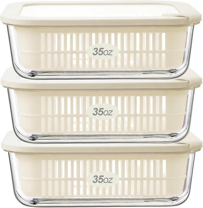Glass Food Storage Containers with Glass Lids, Microwave Safe Food Container Set, Aitight Meal Prep Container Set, BPA Free, 2 extra Colanders, LeakProof, 2 Pack of 60oz