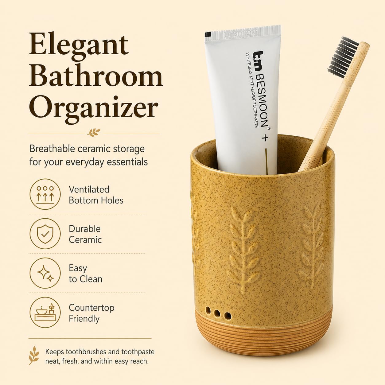 LYEOBOH Ceramic Toothbrush Cup, Cute Toothbrush Holder with Drainage White | Farmhouse Toothbrush Container, Countertop Toothbrush Organizer, Toothbrush Storage for Bathroom Vanity & Countertop