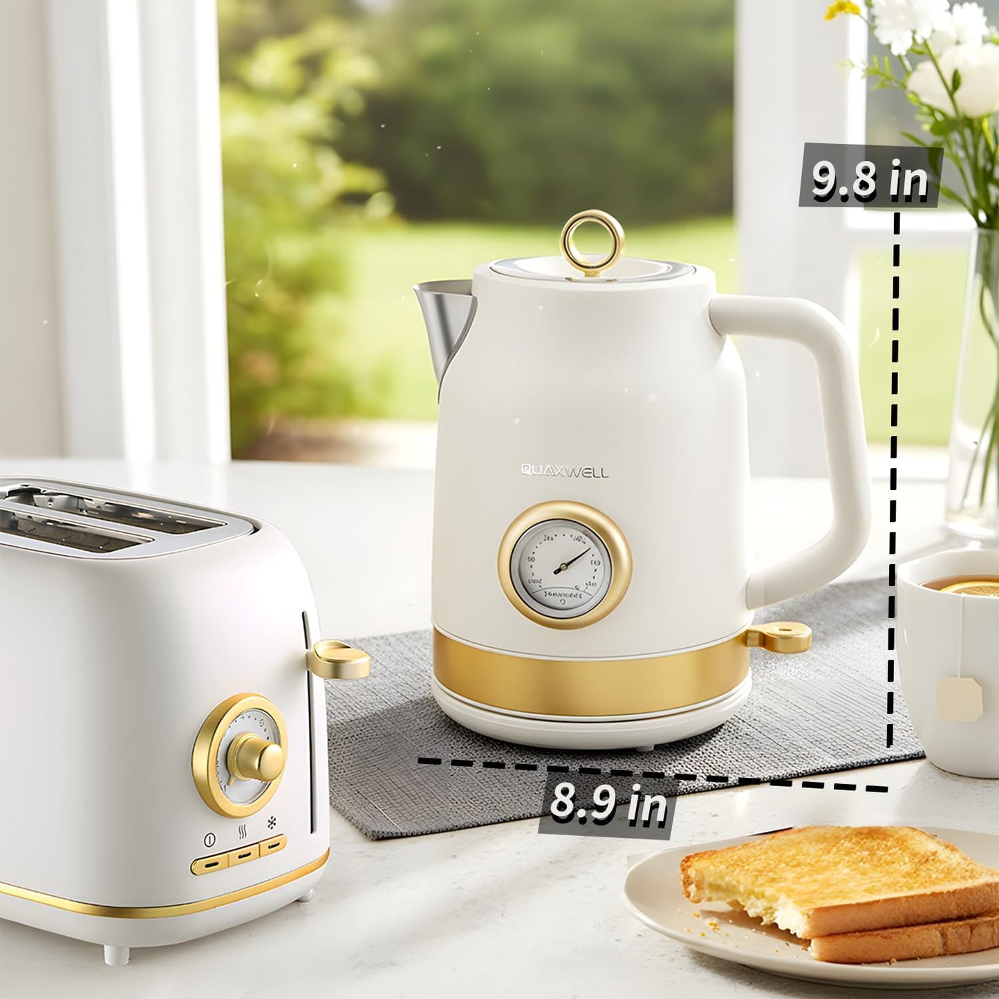 Retro Electric Tea Kettle, 1.7L, Matte White and Gold | 304 Stainless Steel, 1500W Fast Boiling, Auto Shut-Off, Boil-Dry Protection, BPA-Free, Thermometer, Retro Kitchen Appliances