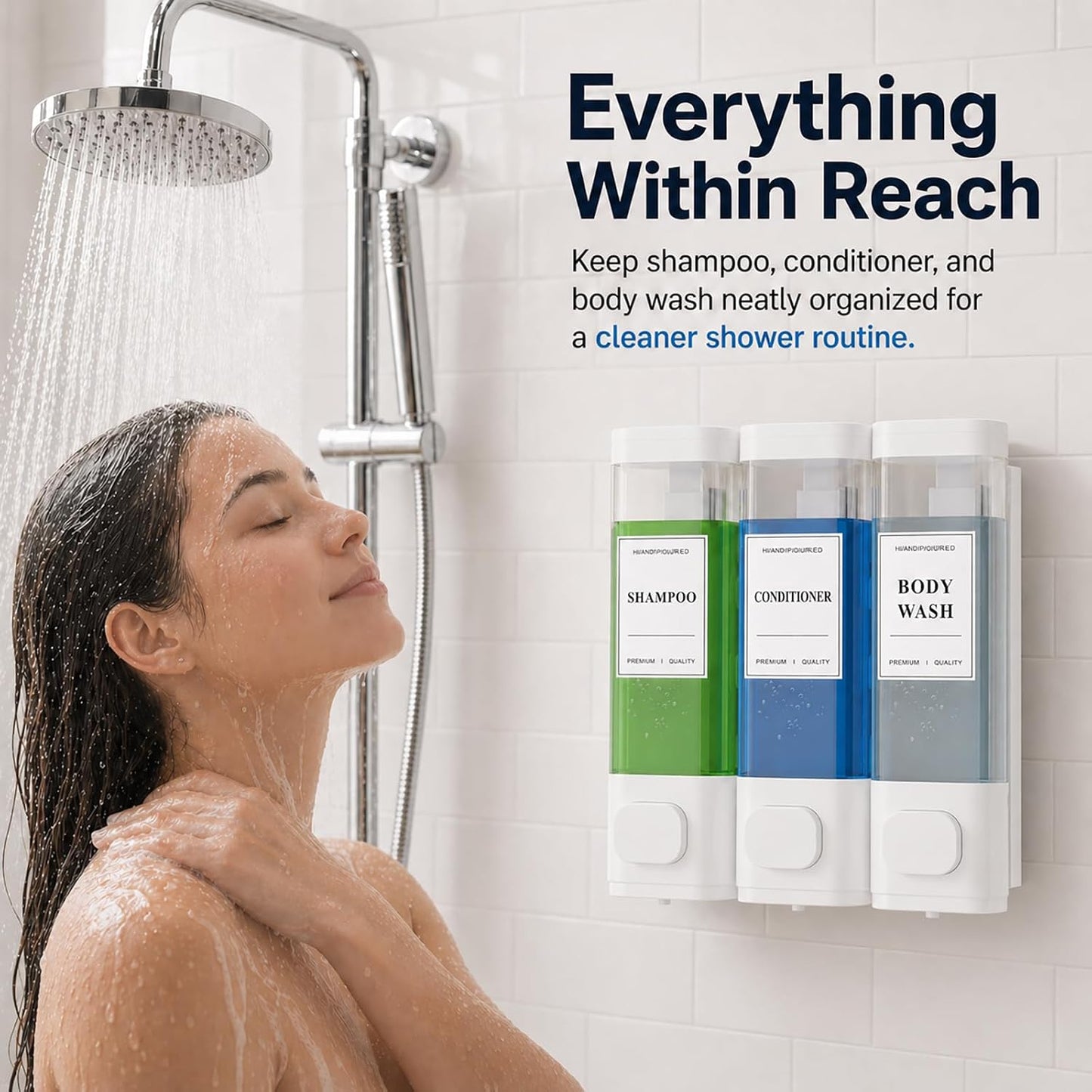 Shampoo and Conditioner Dispenser – Wall-Mounted Shower Soap Dispenser, No-Drill Installation, Lockable, 900 ml Capacity,for Bathroom & Hotel or Airbnb (Black, 3-Pack)