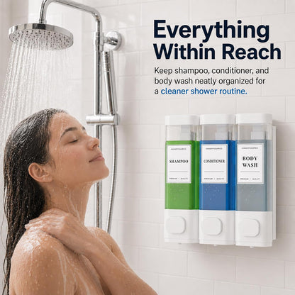 Shampoo and Conditioner Dispenser – Wall-Mounted Shower Soap Dispenser, No-Drill Installation, Lockable, 900 ml Capacity,for Bathroom & Hotel or Airbnb (Black, 3-Pack)