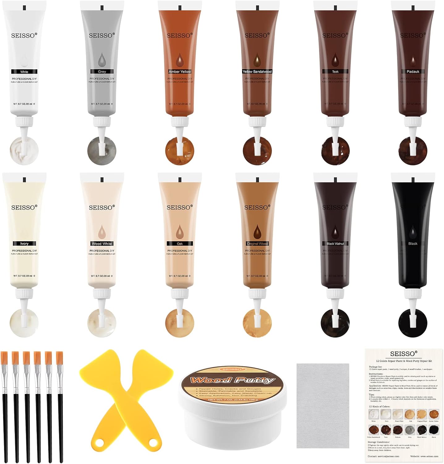 SEISSO Furniture Repair Kit - Set of 42 - Wood Repair Kit Wood Fillers, Furniture Scratch Repair Markers and Wax Sticks with Scraper, Brushes, for Scratches, Stains, Wood Floor, Laminate, Cabinet