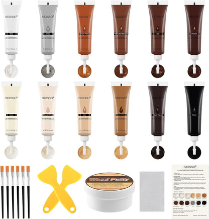SEISSO Furniture Repair Kit - Set of 42 - Wood Repair Kit Wood Fillers, Furniture Scratch Repair Markers and Wax Sticks with Scraper, Brushes, for Scratches, Stains, Wood Floor, Laminate, Cabinet