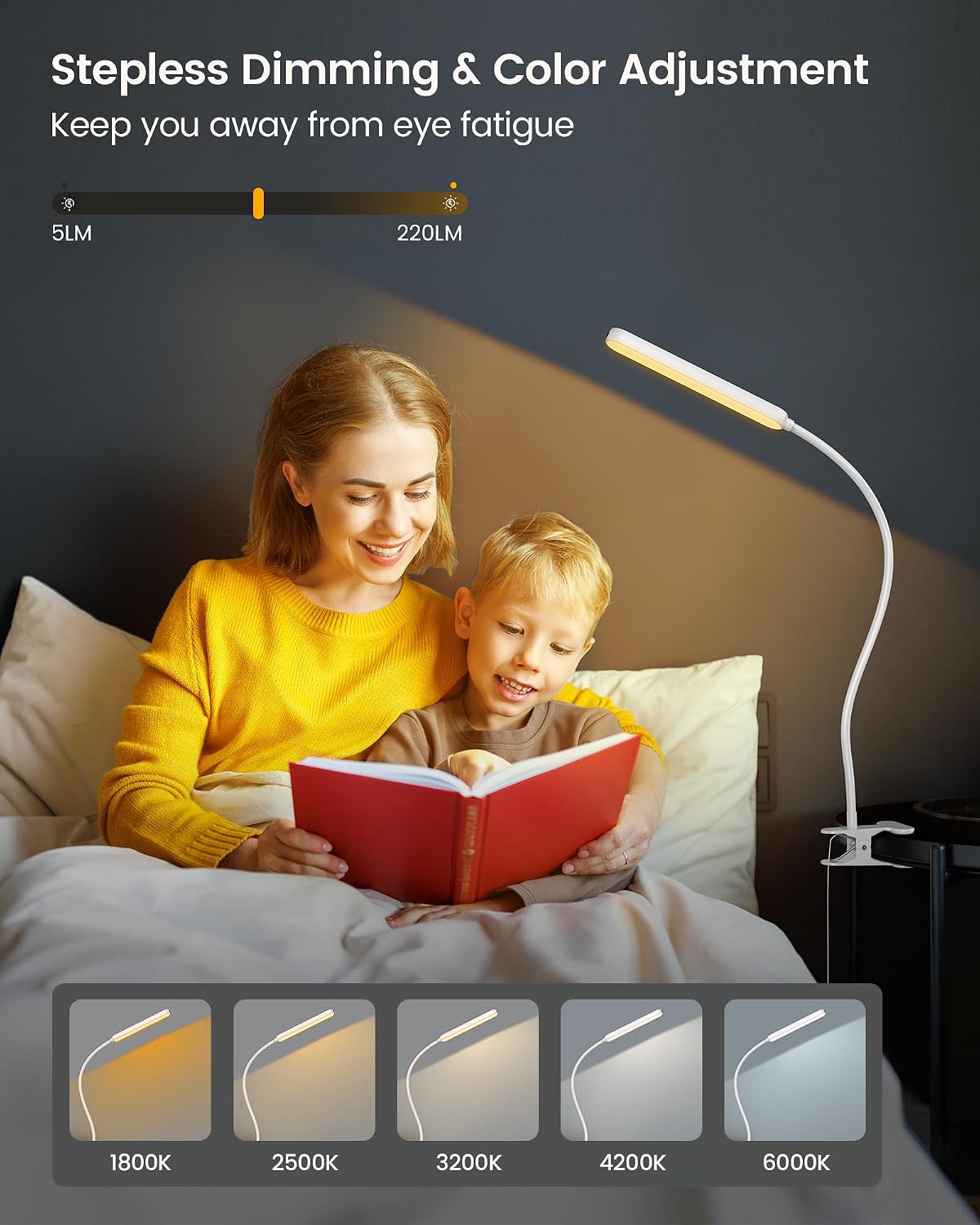 Glocusent Clip On Light, 5W Eye Caring Book Lights for Reading | 5 Color & 5 Brightness with a Remote, 30-Min Auto Off Timer, Multi-Purpose Clip Lamp for Bed Reading/Studying/Working