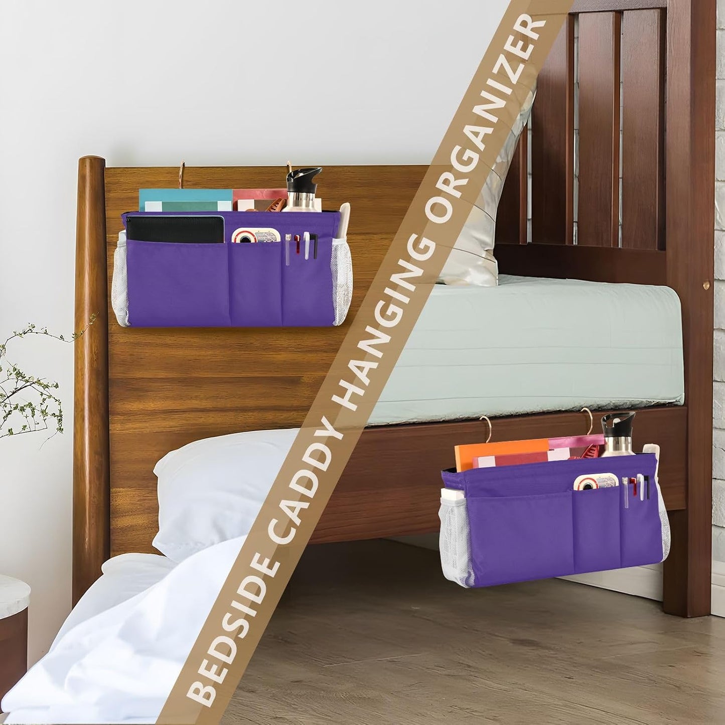 Black Bedside Caddy Storage Bag Bedside Organizer for Bed Rails College Dorm Room Organizer Caddy Hanging Shelf 6 Pockets with Hooks for Drinks Magazine Phone Holder