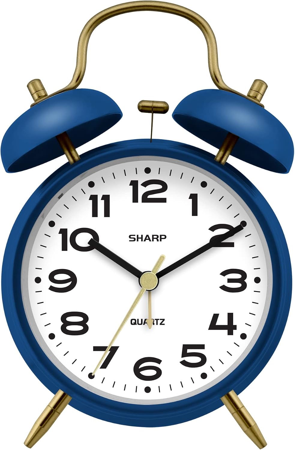 Sharp 4-Inch Twin Bell Alarm Clock for Heavy Sleepers (Matte Navy) | Extra-loud metal bell alarm, quiet quartz movement, press-button backlight, rustic bronze accents, battery operated