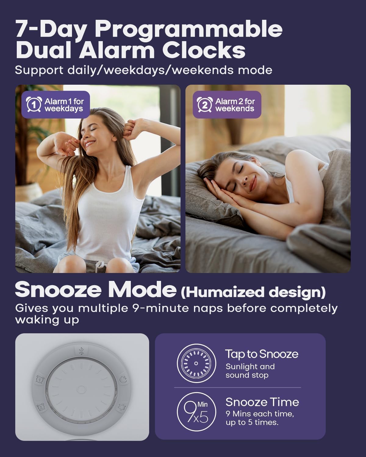 Dekala Smart Sunrise Alarm Clock with App Control& Bluetooth Speaker, Wake up Light Sunlight Sunset Lamp, White Noise Sound Machine, Night Light for Bedrooms, Alarms for Heavy Sleepers Kids & Adults