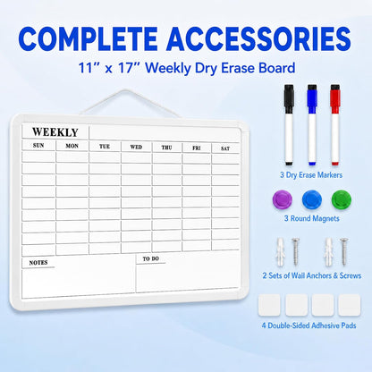 MaxGear Weekly Dry Erase Calendar Board, 11" x 17" Magnetic Whiteboard | Double-Sided Wall Planner: Weekly Calendar on One Side, Blank Whiteboard on The Other, Includes 3 Color Markers and Magnets
