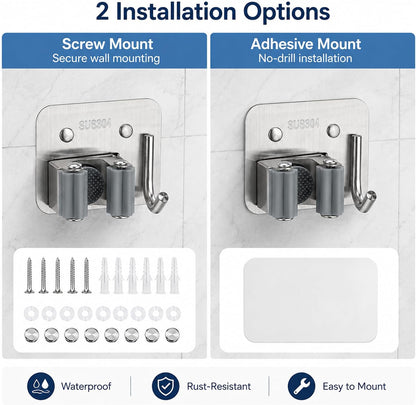 Broom Holder Wall Mount 4 Pack, Heavy Duty Mop and Broom Hanger with Hooks | Innovihue 304 Stainless Steel Broom Hanger, Self Adhesive or Screw Mount Organizer for Kitchen Laundry Garage