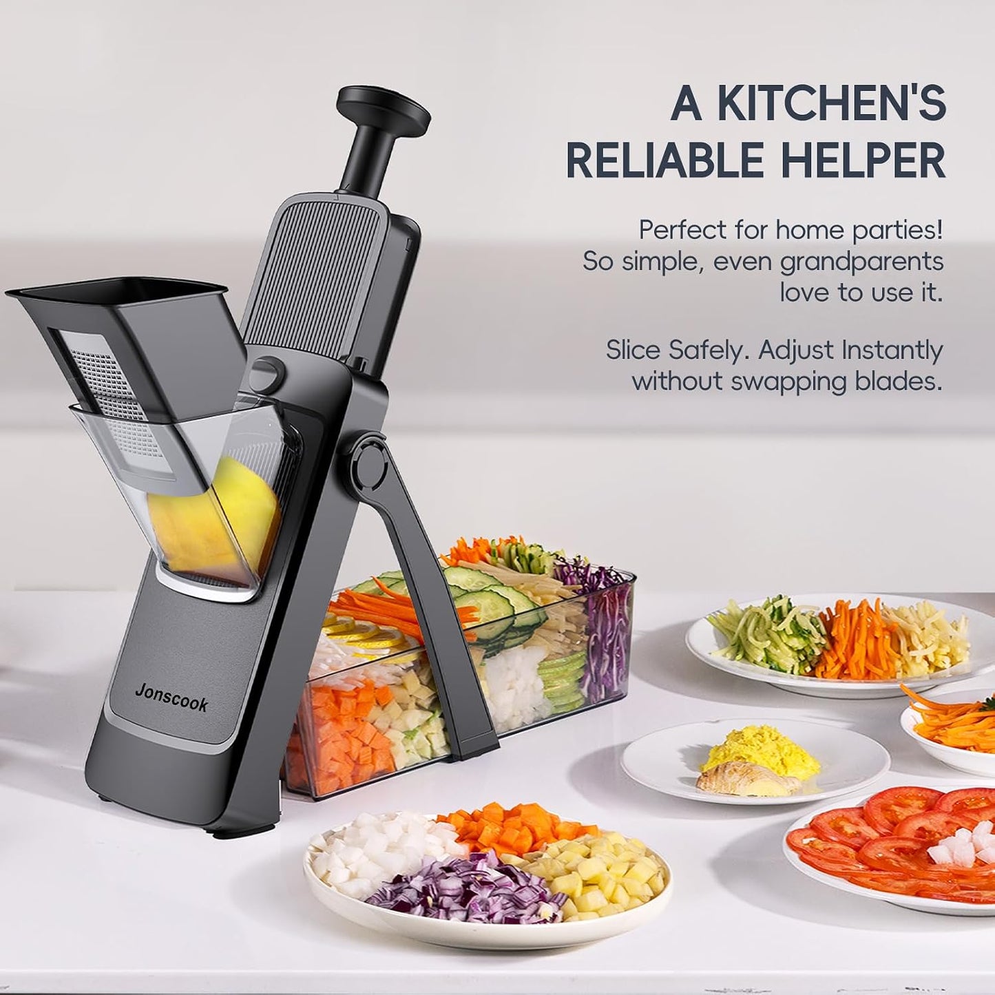 Jonscook All-in-1 Safe Mandoline Slicer for Kitchen, Vegetable Slicer with Container, Adjustable Veggie Mandoline, French Fry Cutter, Potato/Tomato/Onion Slicer, Grater/Cleaning Brush (Black Knight)