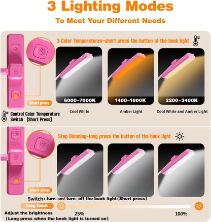 VAVOFO Rechargeable Book Light Rotatable：24 LEDs Reading Light, 3-Color & 9-Brightness Book Lamp, Eye Cared 120Hrs Runtime Lightweight Clip on Led Light for Book Lovers (Black)