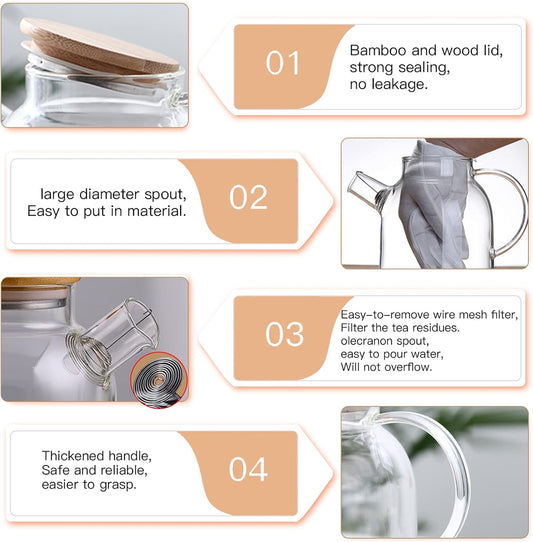 JOUALY Glass Teapot 34oz/1000ml, Stovetop & Microwave Safe Borosilicate Tea Pot,Clear Teapot with Strainer, Glass Tea Kettle with Wooden Lid for Loose Leaf、Fruit Tea and Fragrant Tea