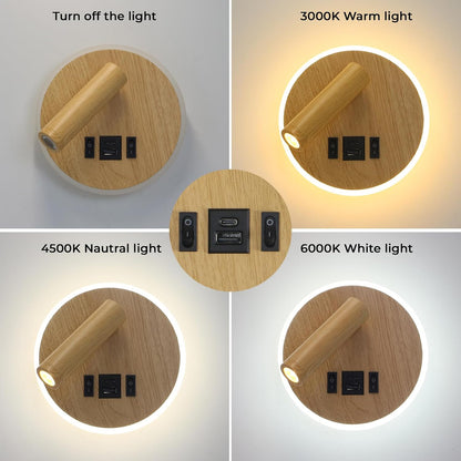 Plug in Wall Sconce with Wall Mounted Reading Lights with Switch | Wall Lamp for Bedroom with Charging Station USB C+A Ports,Bunk Bed Lights with 3W+9W Night Light,Walnut Color Reading Light