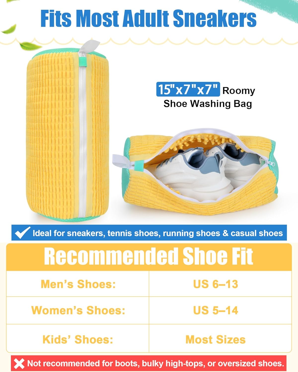 Shoe Washing Machine Bag, 2Pcs Reusable Laundry Shoe Bag for Washer and Dryer, 360° Deep Cleaning Mesh Shoe Wash Bag, Durable Sneaker Cleaning Bag Fit for All Shoes Types (Yellow)