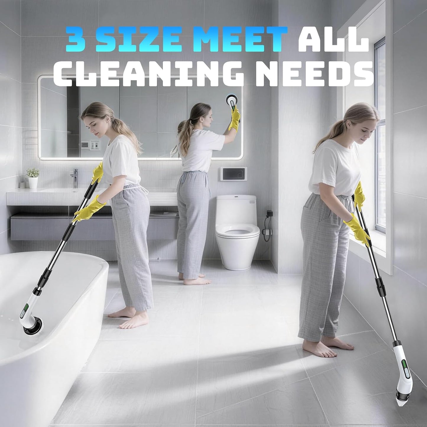 Electric Spin Scrubber, 2-Speed Cleaning Brush, Extendable Handle (White) | Includes 7 reusable brush heads and an IPX7-rated design for cleaning bathrooms, showers, kitchens, tile, floors, and grout