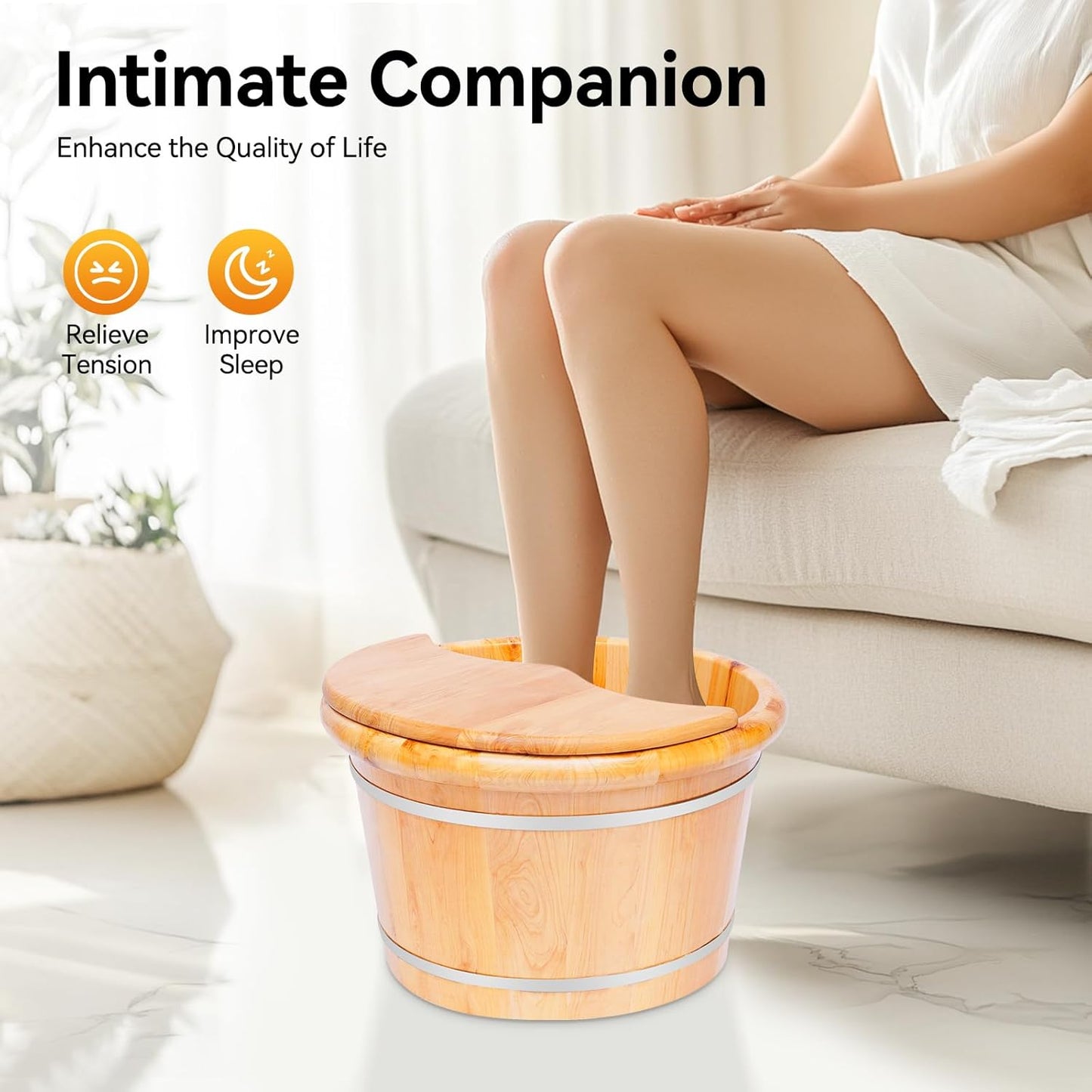 Cedar Wood Foot Spa Bath Bucket with Shiatsu Massage Roller & Lid - 30 Min Heat Retention, Natural Wooden Soaking Tub for Relaxation, Great for Parents