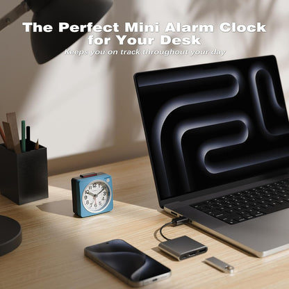 AYRELY® 2.6" × 1.4" Ultra Small Battery Operated Analog Travel Alarm Clock | Silent Non-Ticking Retro Bedside Table Clock with Snooze, Light and Easy Top Alarm Switch for Travel and Bedrooms (Silver)