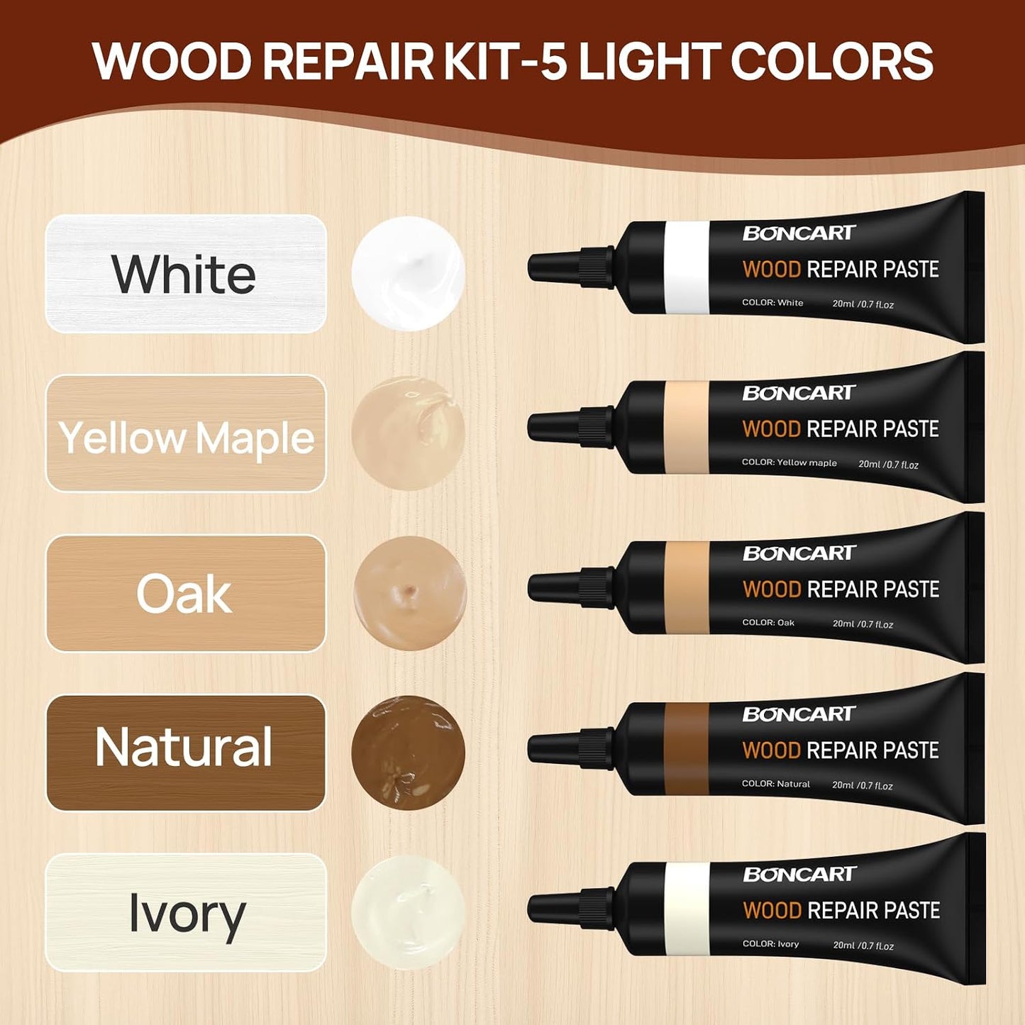 Boncart Wood Furniture Repair Kit, Wood Touch up Fillers | Repair Scratches, Cracks, Paint Chips, and Nail Holes on Furniture, Floors, Doors, Cabinets, and Tables (10 Colors)