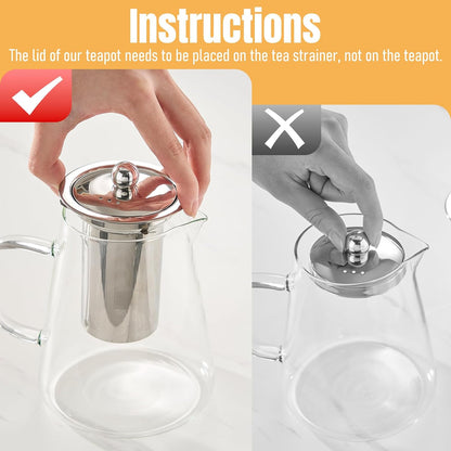 Baalaka Glass Teapot 18.6oz/550ml, Tea Pot with Removable Infusers for Loose Tea, Borosilicate Glass Tea Kettle Tea Maker Stovetop for Camping, Tea Infuser for Loose Leaf Tea Travel | Borosilicate glass tea kettle with infuser; steel strainer for loose