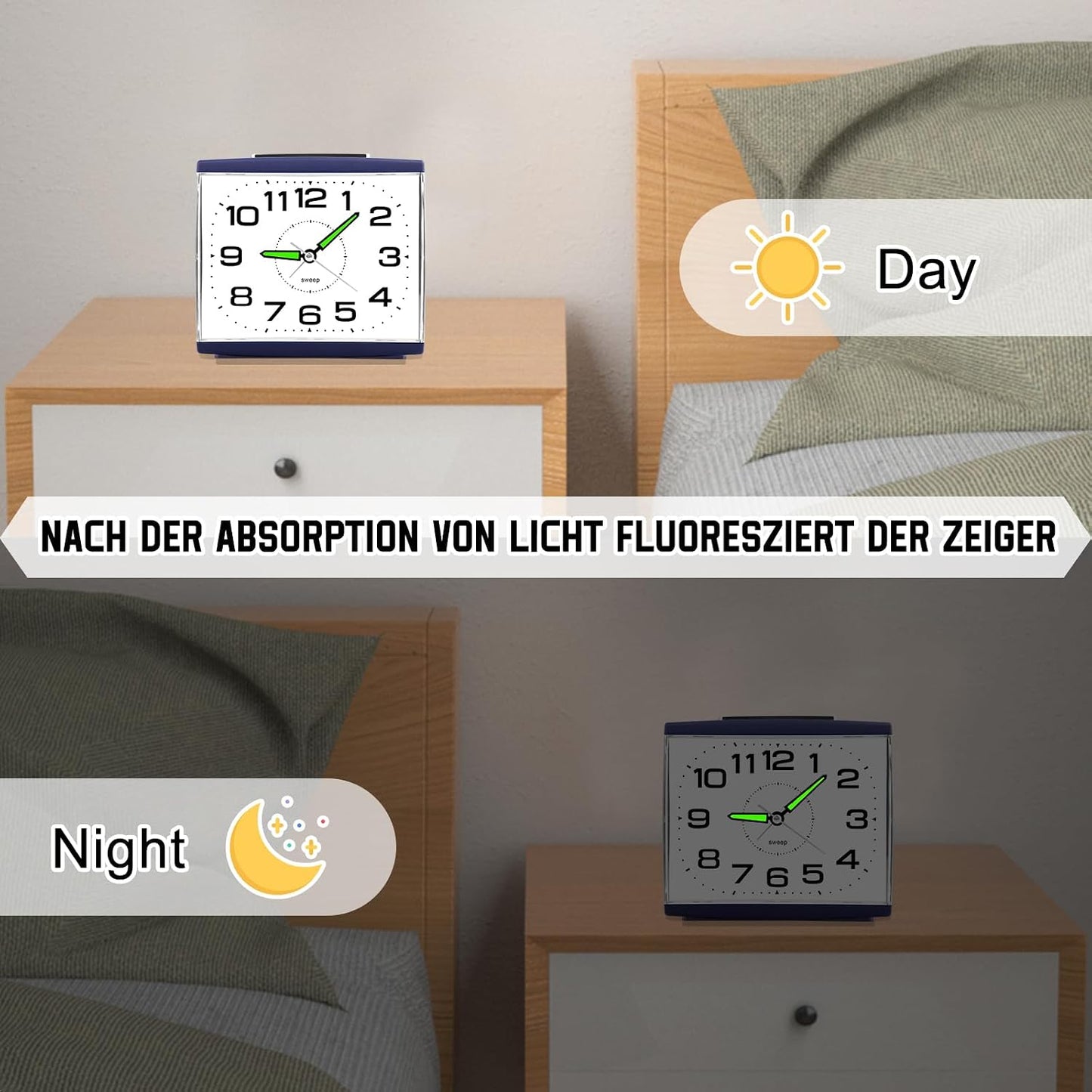 DTKID Large Alarm Clock for Bedside, Silent Non-Ticking Analog Clock with Night Light, Battery Powered, Gradually Increasing Alarm for Heavy Sleepers, Seniors