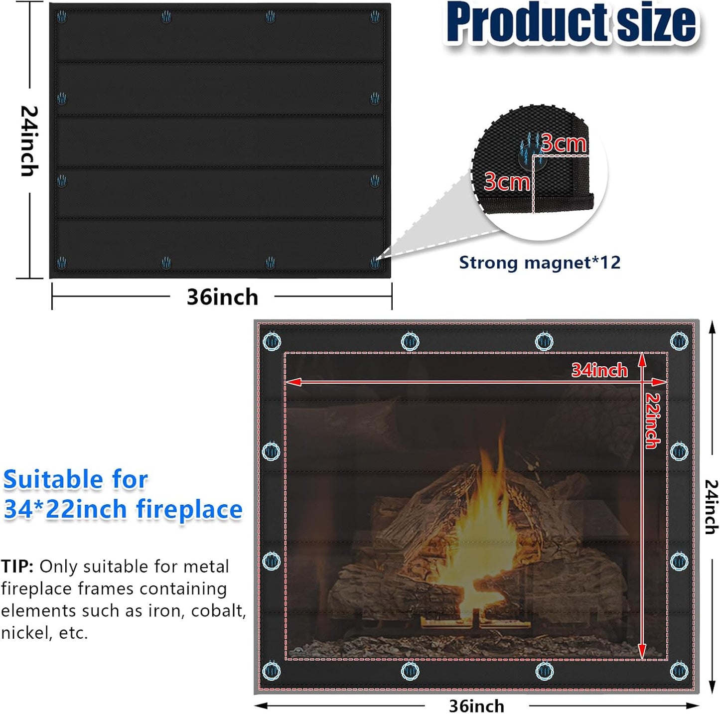 Magnetic Fireplace Cover 39"x32" Fireplace Draft Stopper Blocker Indoor | Fire Place Cover with Built-in 12 Strong Magnet for Iron Fireplace Frame Fireplace Screen