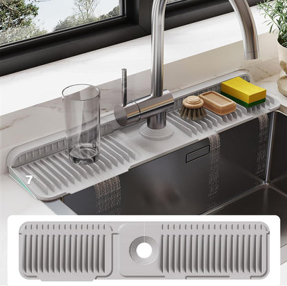 24-Inch Silicone Faucet Mat for Kitchen Sink Splash Guard, 7° Slope | 24"x5.5" water draining mat with fasten button; 1.6-2.75" customizable hole for bathroom, RV & kitchen sink drip catcher.