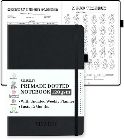 Premade Dotted Journal Notebook with Bullet Templates, Pre-made Dot Grid Journaling with Undated Weekly & Monthly Planner, Various Trackers - 12 Month Organization, A5 Hardcover