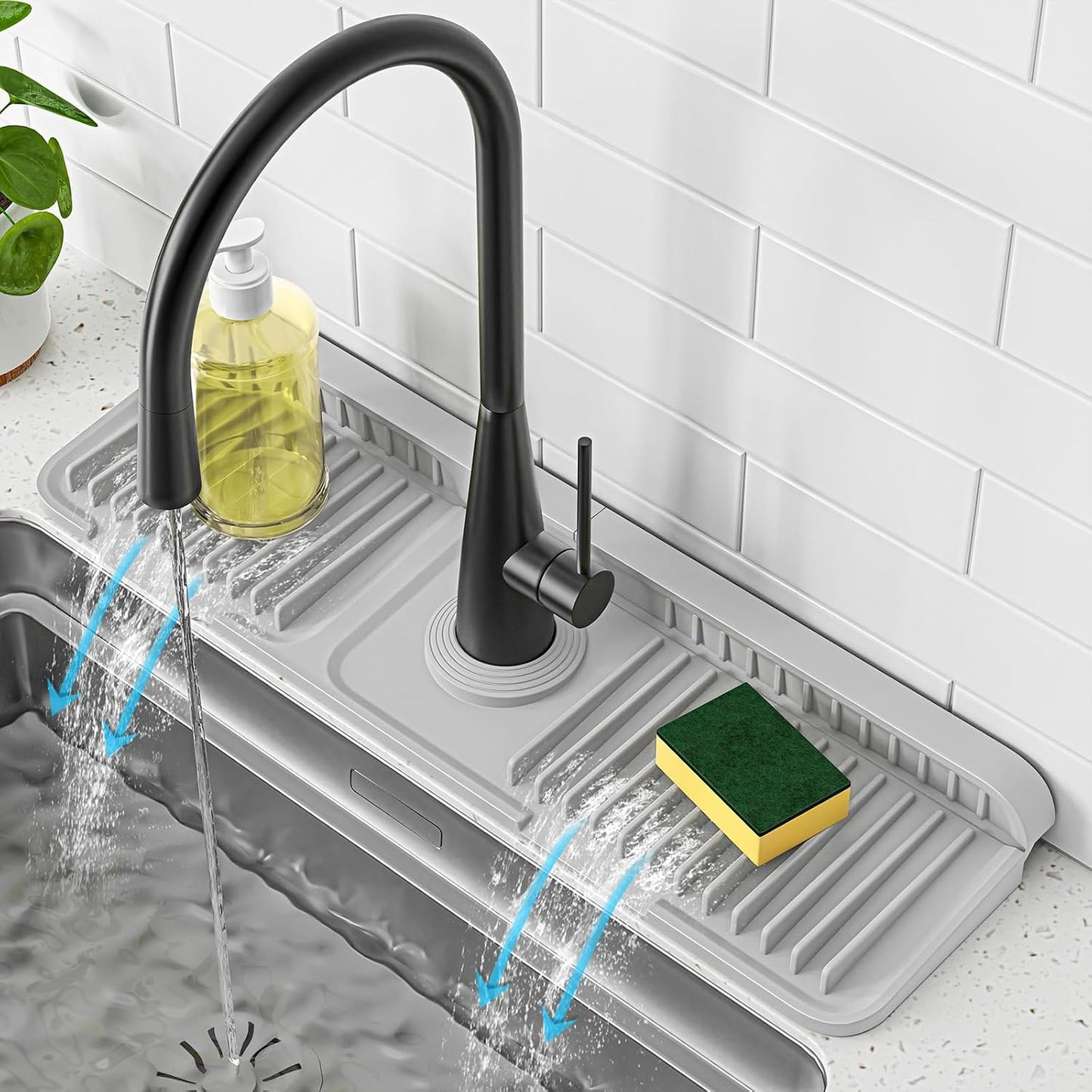 PoYang 24 Inch Faucet Mat for Kitchen Sink Splash Guard, Silicone, Black | Sink Protectors with 7° Slope for Smooth Drainage, Snap Button Holds It in Place, 90° Foldable & Cuttable Hole Fit Most Sinks