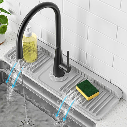 PoYang 24 Inch Faucet Mat for Kitchen Sink Splash Guard, Silicone, Black | Sink Protectors with 7° Slope for Smooth Drainage, Snap Button Holds It in Place, 90° Foldable & Cuttable Hole Fit Most Sinks