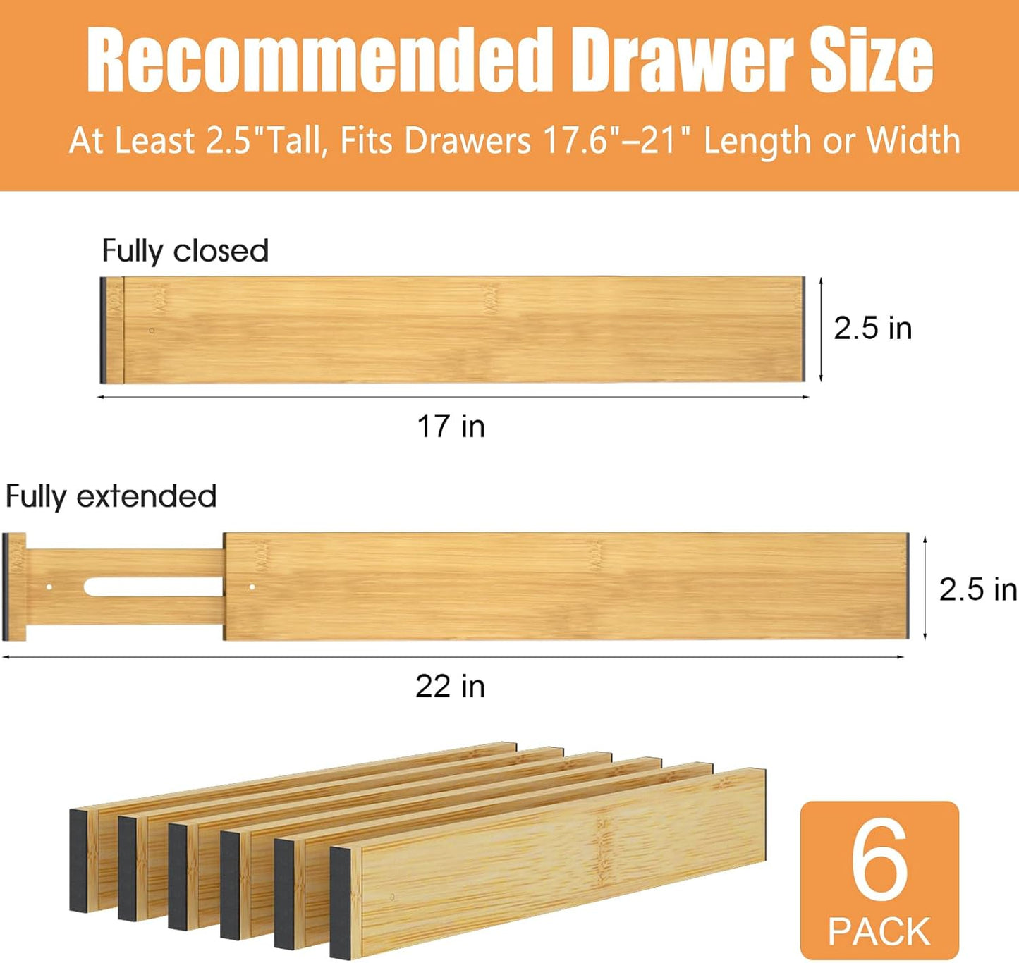 Bamboo Drawer Dividers, Adjustable Drawer Organizers, Fits 12.6–16" Drawers | 2.5" High, 4 Pack Expandable Drawer Separators for Kitchen, Nursery, Dressers & Office Storage, Natural