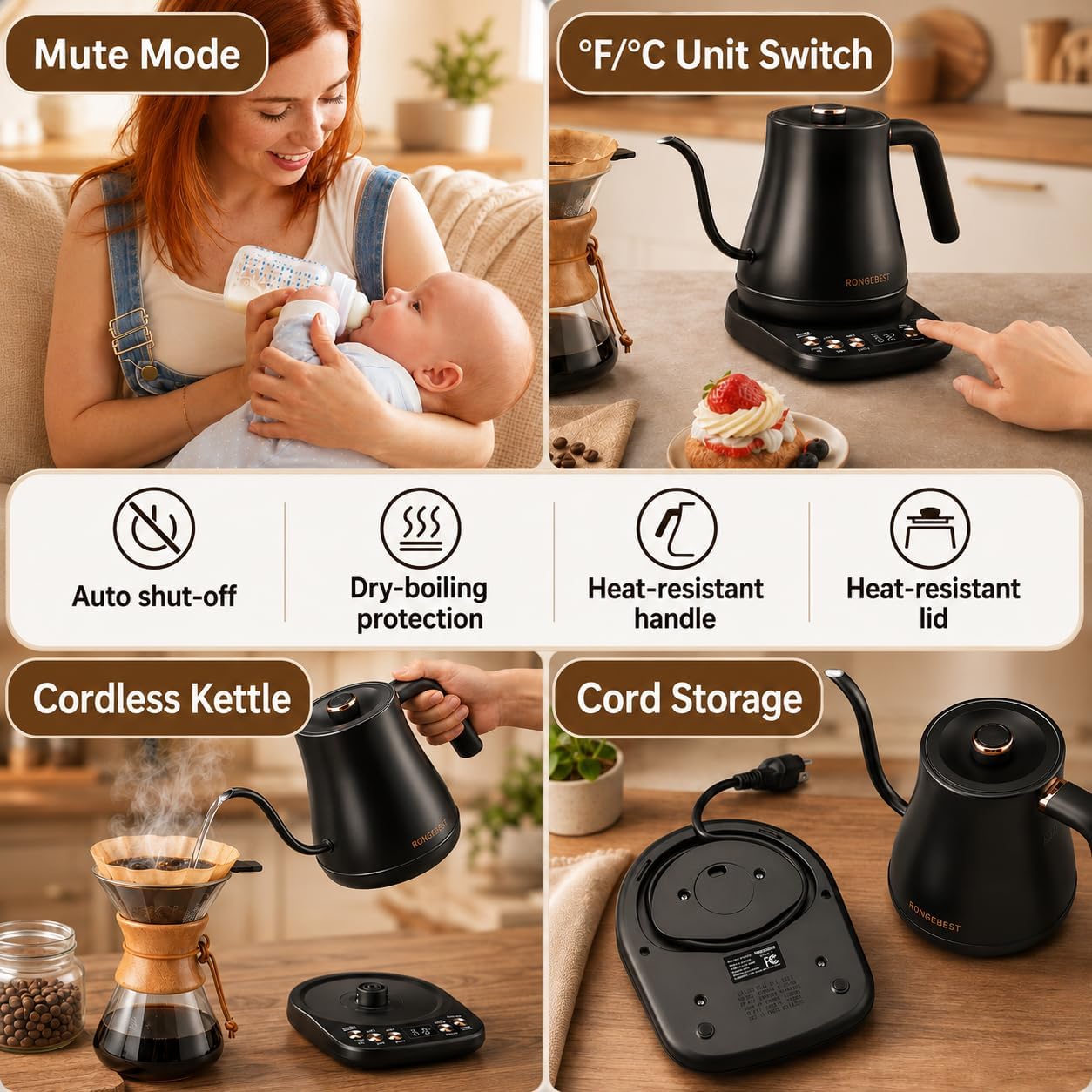 RONGBEST Electric Gooseneck Kettle 1L, 6 Temperature Control Presets, 1200W Quick Heating Water Pour Over Coffee & Tea Pot with Auto Shut-off & Keep-warm, Stainless Steel Inner & Lid, Matte Black
