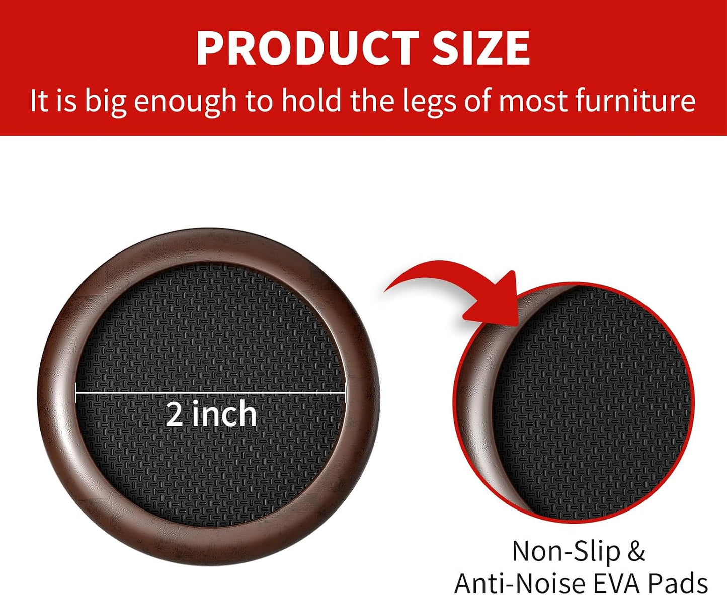 Ezprotekt 2 inch Non Slip Wood Furniture Pads for Hardwood Floors, 4 Pcs Round Anti Slip Furniture Coaster Cups Floor Protectors with Anti-Slide EVA for Chair Sofa Table Bed Couch (Dark Brown)