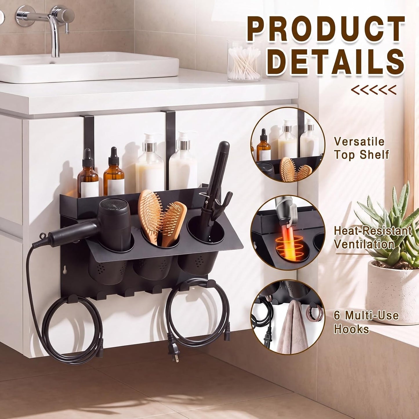 Hair Tool Organizer Wall Mount Hair Dryer Holder for Cabinet Door | 6 Hooks Adjustable Height 3-in-1 Blow Dryer Holder for Bathroom Storage Heat Resistant Styling for Flat Iron Curling Iron