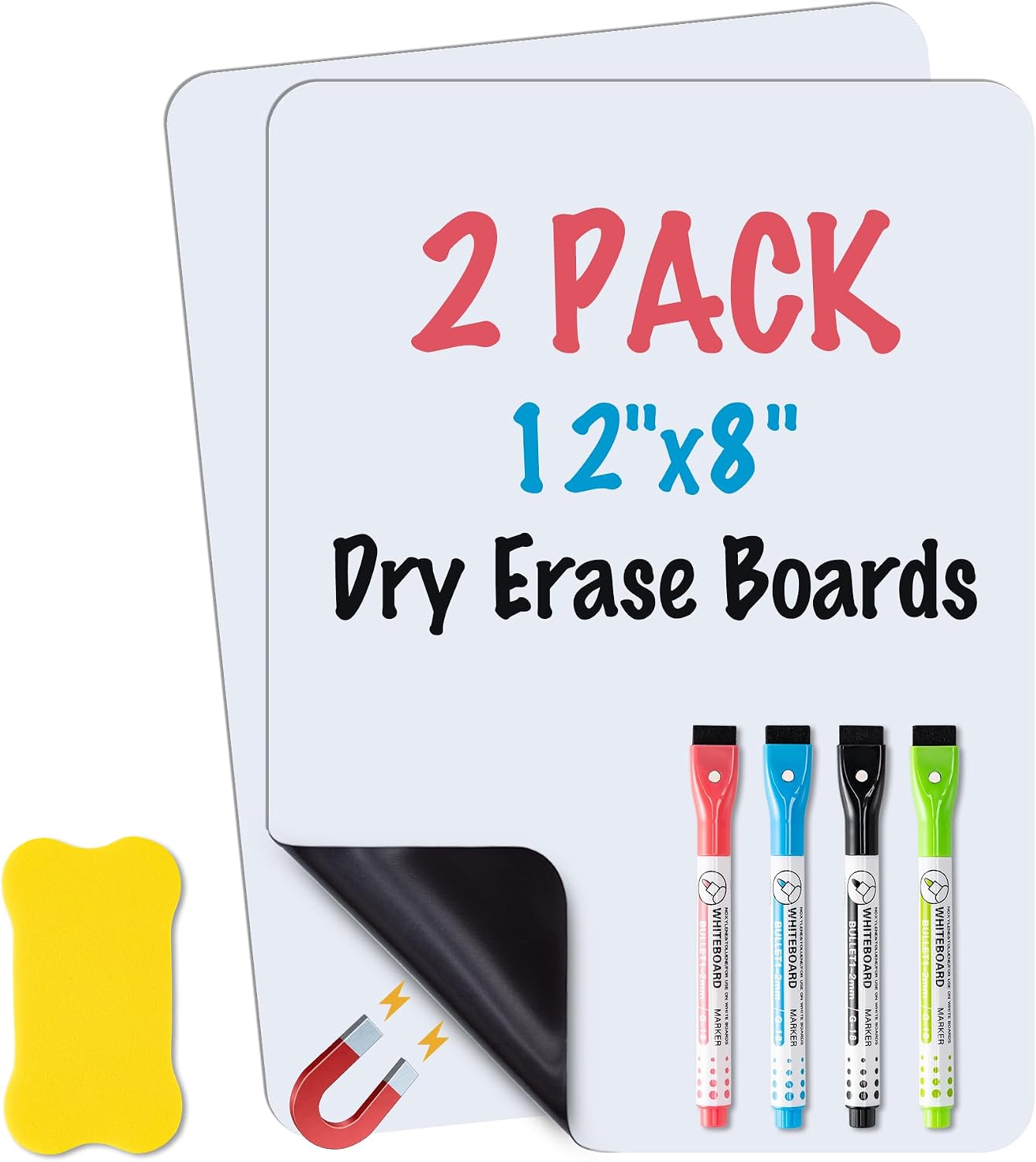 2-Pack Magnetic Dry Erase Board Sheet for Refrigerator, 12"x8" Erasable Fridge Whiteboard with 4 Markers & 1 Eraser, Small Flexible Magnet Blank Notepad for Home Kitchen Organizer Planner to-do List