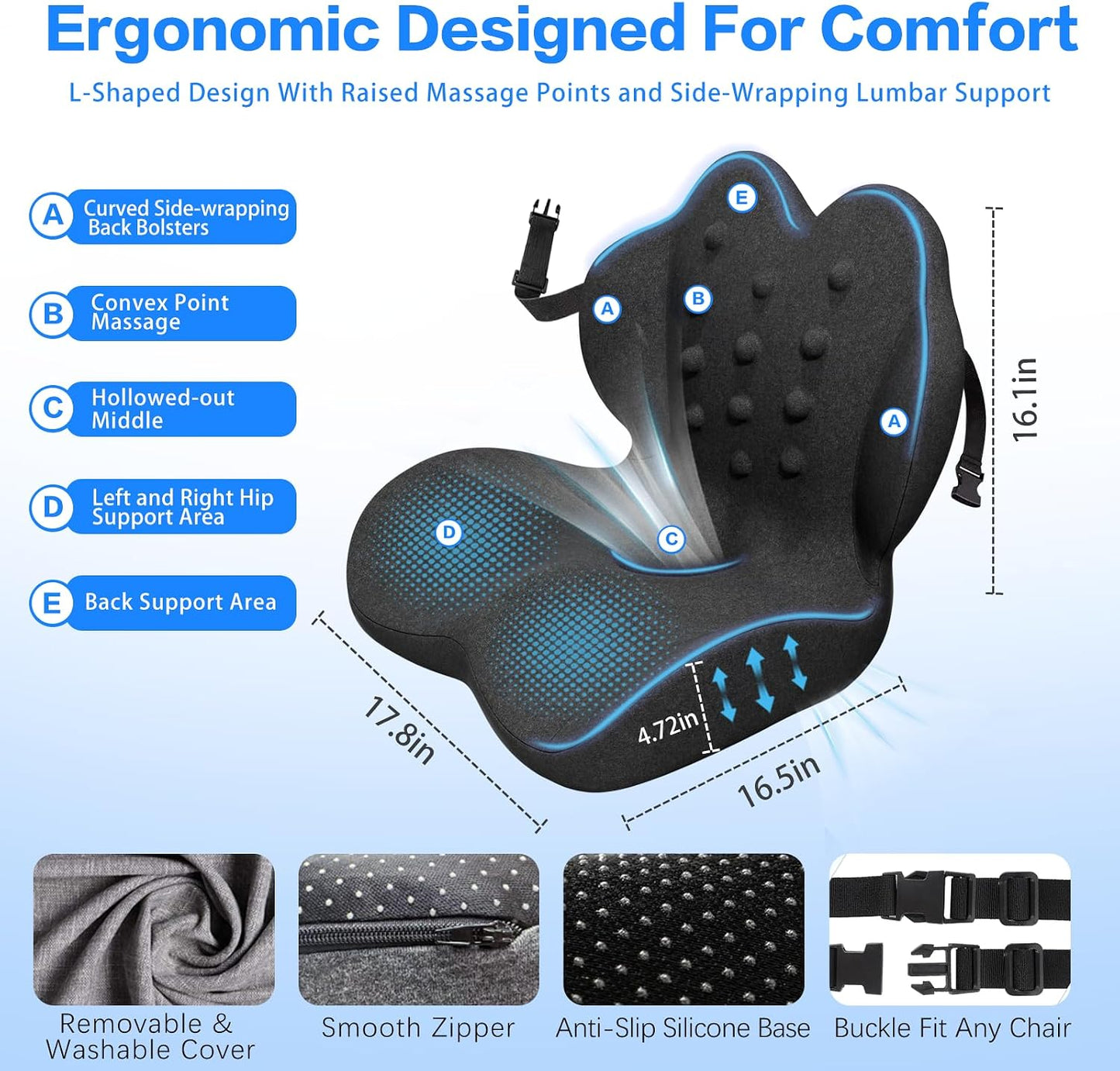 Memory Foam Seat Cushion with Lumbar Support for Sciatica & Tailbone Pain Relief, Fit Office Chair, Wheelchair, Car Seat, Airplane, Long Sitting Workers & Drivers (Gray)