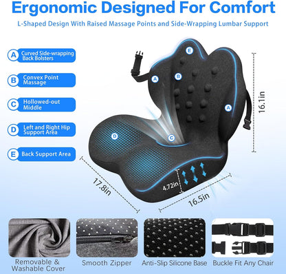Memory Foam Seat Cushion with Lumbar Support for Sciatica & Tailbone Pain Relief, Fit Office Chair, Wheelchair, Car Seat, Airplane, Long Sitting Workers & Drivers (Gray)