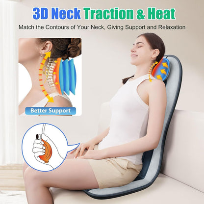 Vibration Back Massager for Chair with Heat, Massage Seat Cushion with Adjustable Neck Support Pillow & Heating Zones, Short Plush Cover Comfortable Pad for Office & Home, Gift for Dad & Mom