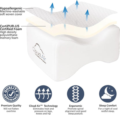 Vaunn Medical Cloud Air Side Sleeper Memory Foam Knee Pillow and Leg Positioner Cushion to Soothe Back, Leg and Hip Discomfort